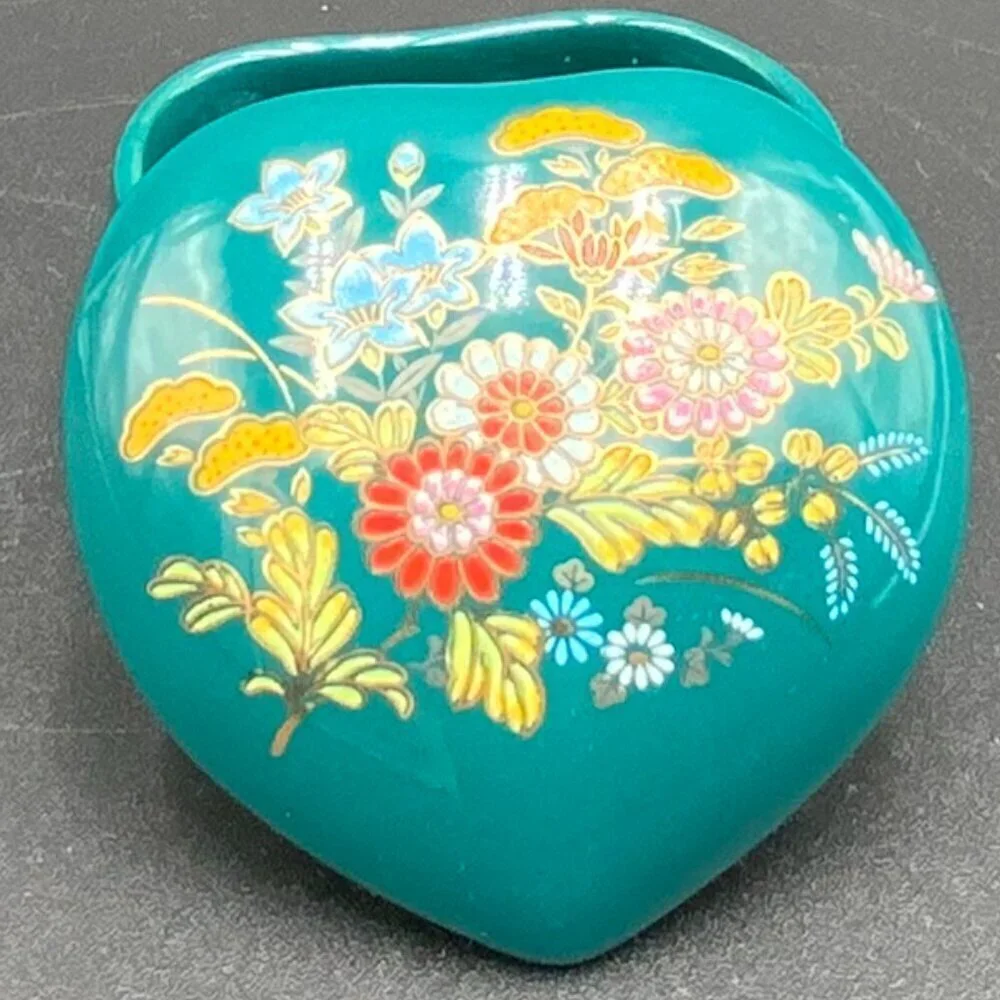 Teal Hand Painted Floral Heart Porcelain Trinket Box Made in Japan
